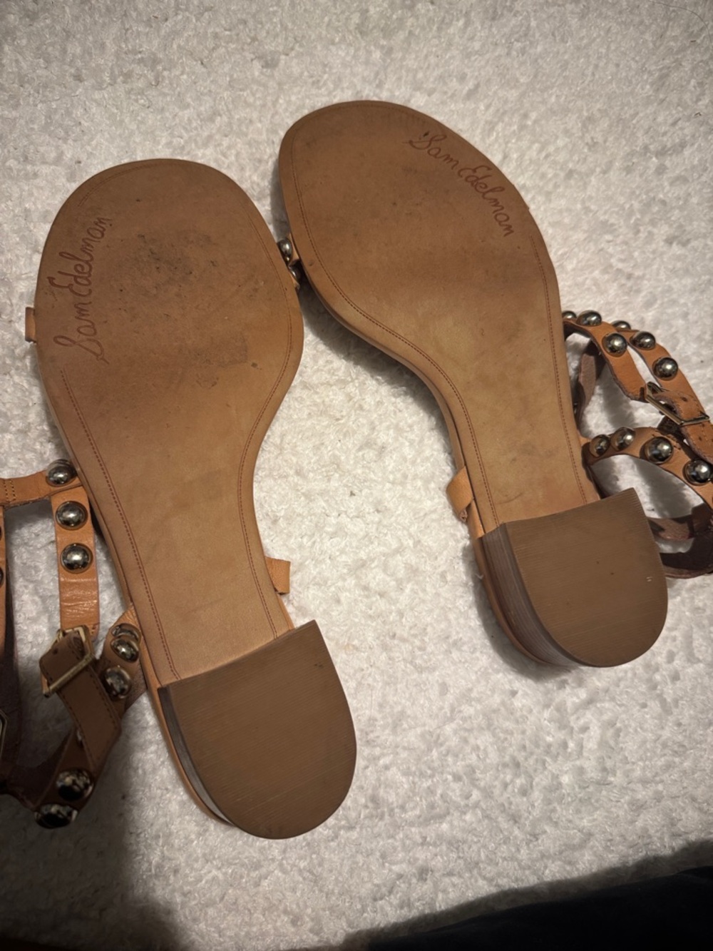 Sam Edelman Tan Studded T-Strap Sandals Block Heel Leather - Picture 8 of 11